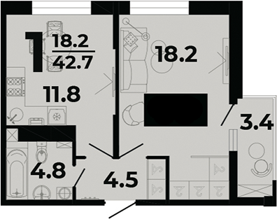 1-комн., 39.3 м², 1/8 этаж, ЖК «Горячий»