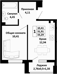 1-комн., 31.91 м², 1/4 этаж, ЖК «Южные Соседи»