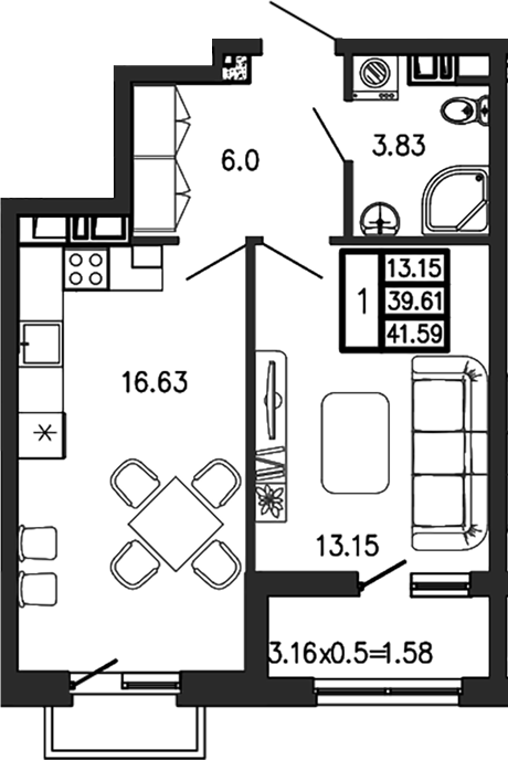 2-комн., 40.02 м², 9/9 этаж, ЖК «Суворов»