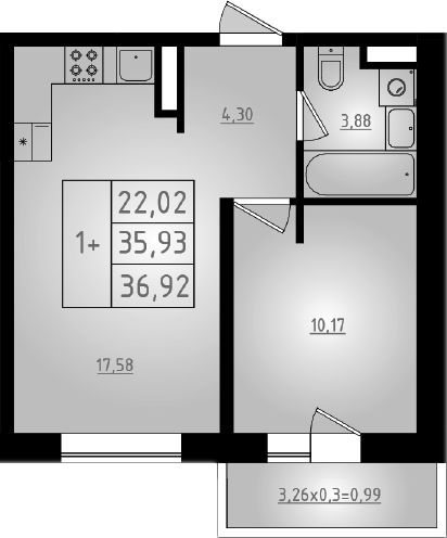 2-комн., 35.93 м², 8/8 этаж, ЖК «Мега 2»