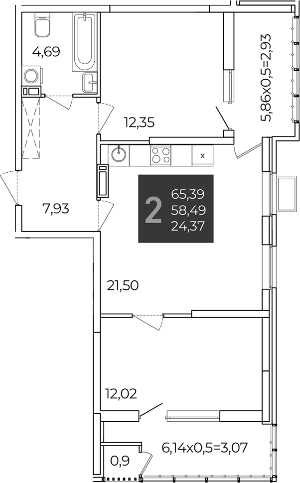 2-комн., 58.49 м², 13/21 этаж, ЖК «Образцово»