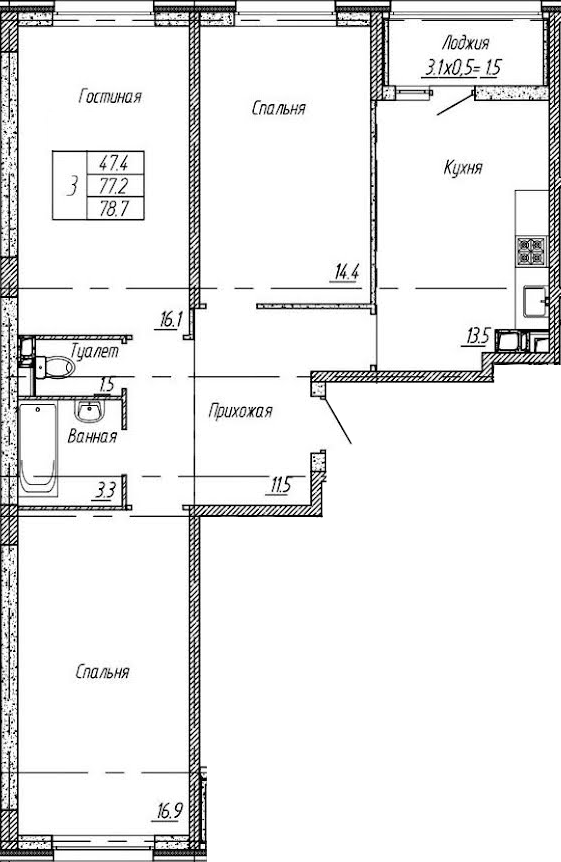3-комн., 77.2 м², 5/9 этаж, ЖК «Архитектор. ГК ЮгСтройИнвест»