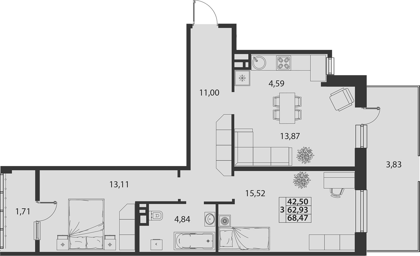3-комн., 62.93 м², 1/7 этаж, ЖК «жилой квартал «Белые Росы (Динская)»»