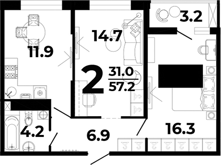 2-комн., 51.4 м², 1/8 этаж, ЖК «Горячий»
