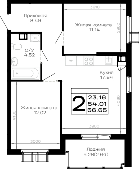 2-комн., 54.01 м², 3/4 этаж, ЖК «Усадьба Гостагаевская»