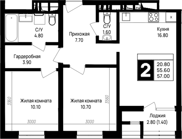 2-комн., 55.6 м², 6/9 этаж, ЖК «На высоком берегу»