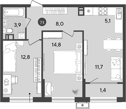 3-комн., 56.3 м², 3/18 этаж, ЖК «Порто-Ново»