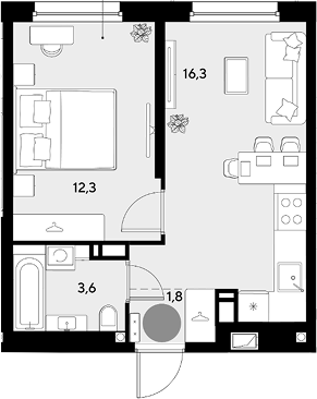 1-комн., 34 м², 9/18 этаж, ЖК «Грейд»