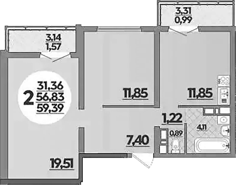 2-комн., 56.83 м², 8/16 этаж, ЖК «Город у моря»