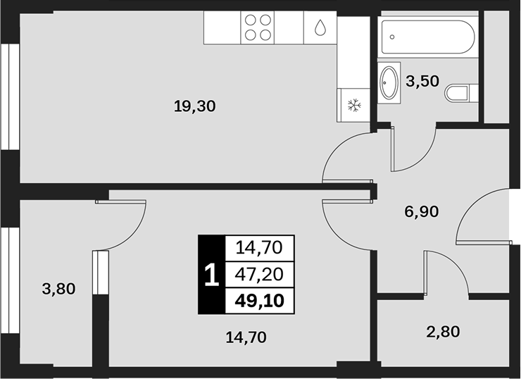 1-комн., 47.2 м², 8/12 этаж, ЖК «Аксис Патриот»