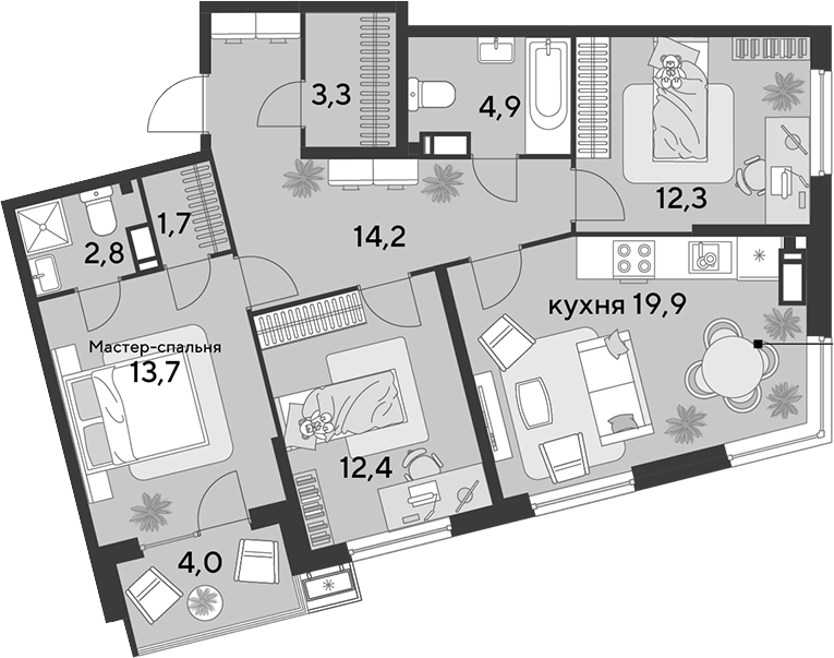 4+ комнаты, 85.2 м², 13/18 этаж, ЖК «Парк Победы»