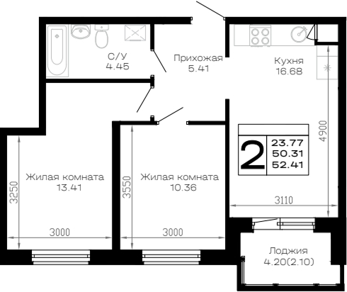 2-комн., 50.31 м², 1/4 этаж, ЖК «Усадьба Гостагаевская»