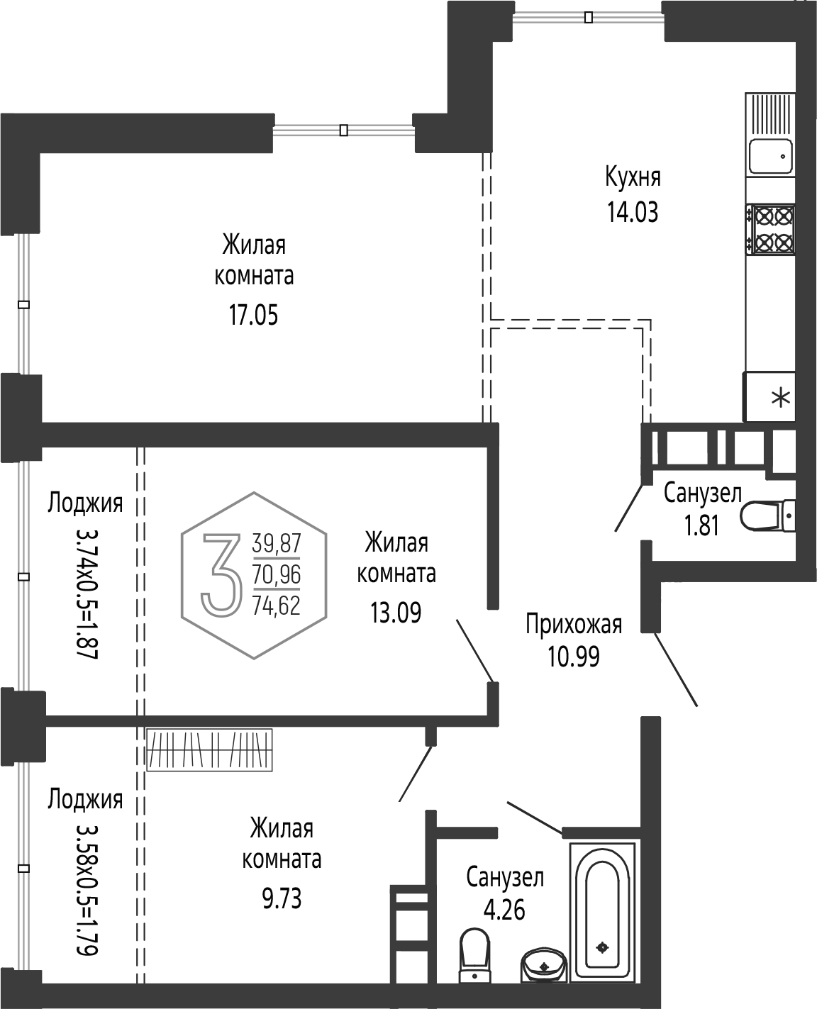 3-комн., 70.96 м², 23/24 этаж, ЖК «Гарантия PRIME»