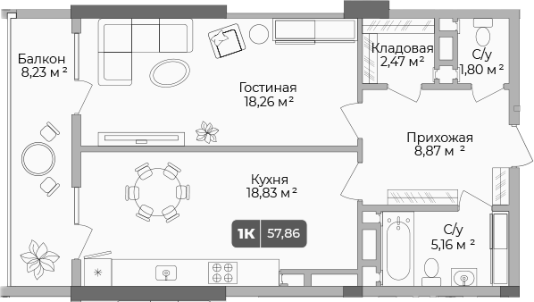 1-комн., 55.39 м², 14/17 этаж, ЖК «Золотой берег. СЗ Среда»