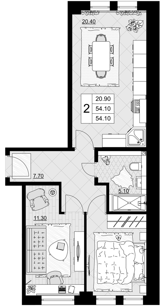 3-комн., 54.1 м², 2/9 этаж, ЖК «Песчаный»