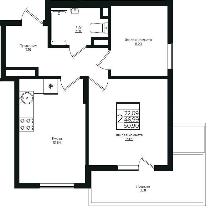 2-комн., 46.99 м², 4/10 этаж, ЖК «Европа-Сити»