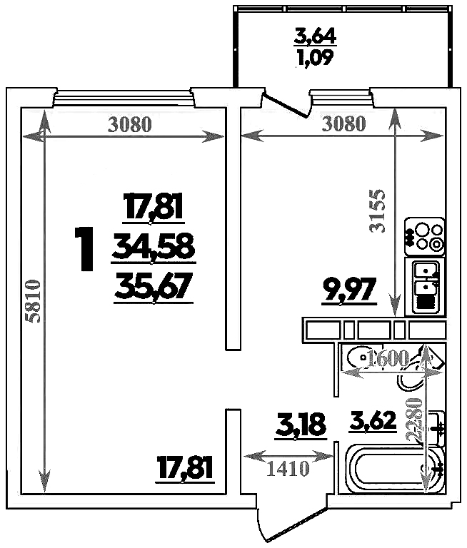 1-комн., 34.58 м², 2/9 этаж, ЖК «Романовский»