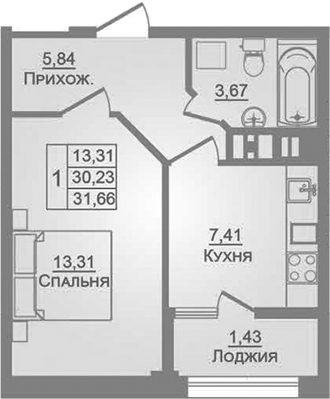 1-комн., 30.23 м², 6/9 этаж, ЖК «Портрет»