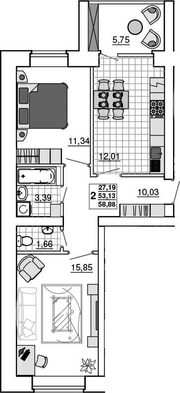 2-комн., 53.13 м², 1/5 этаж, ЖК «Новый Город. СЗ Премьерстрой»