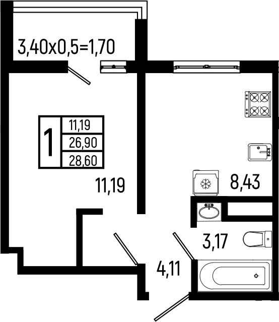 1-комн., 26.9 м², 8/9 этаж, ЖК «Ботаника Хиллс»