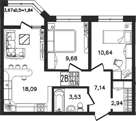 3-комн., 52.02 м², 1/16 этаж, ЖК «Яблоневый»