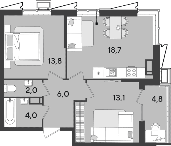3-комн., 57.6 м², 18/18 этаж, ЖК «Парк Победы»