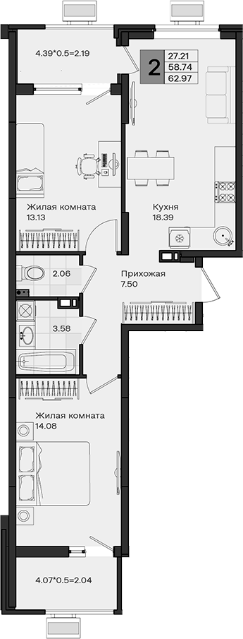 Продается 2-комн. квартира, 58.74 м²