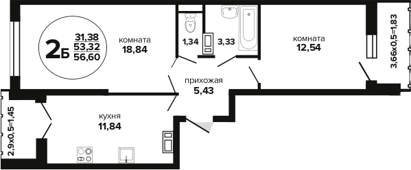 2-комн., 53.32 м², 20/24 этаж, ЖК «Гулливер»