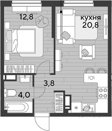 1-комн., 41.4 м², 14/16 этаж, ЖК «DОГМА ПАРК»