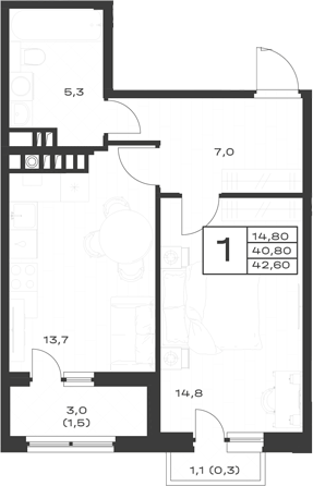 1-комн., 40.8 м², 3/4 этаж, ЖК «ЭкоСфера. ГК Во-первых»