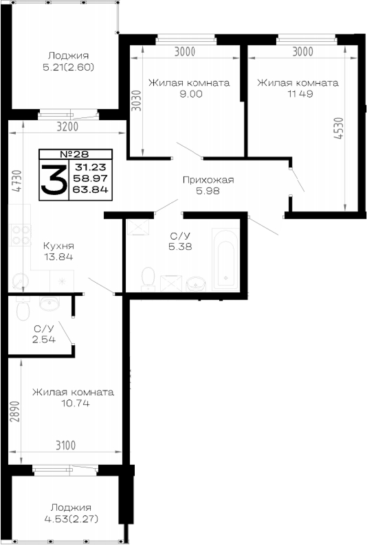 3-комн., 58.97 м², 1/4 этаж, ЖК «Усадьба Гостагаевская»