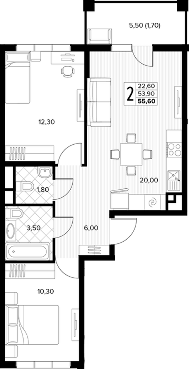 2-комн., 53.9 м², 4/8 этаж, ЖК «Кипарис»