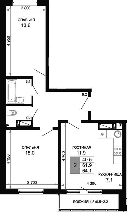 3-комн., 61.9 м², 17/24 этаж, ЖК «Свобода»