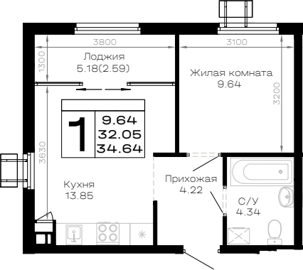 1-комн., 32.05 м², 2/4 этаж, ЖК «Усадьба Гостагаевская»