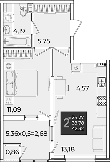 1-комн., 38.78 м², 7/18 этаж, ЖК «Образцово»