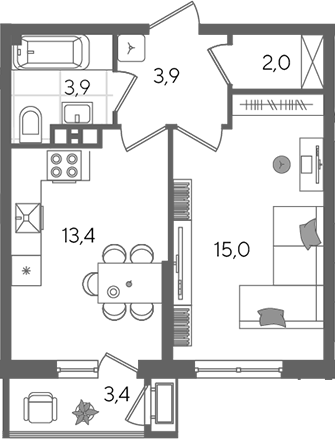 1-комн., 38.2 м², 5/24 этаж, ЖК «Рекорд»