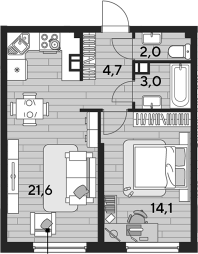 1-комн., 45.4 м², 9/16 этаж, ЖК «DОГМА ПАРК»