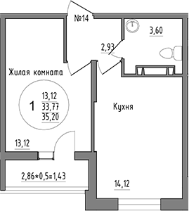 1-комн., 33.77 м², 9/16 этаж, ЖК «Друг»