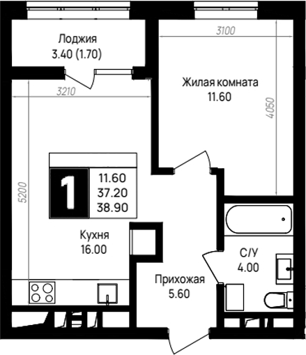 1-комн., 37.2 м², 9/9 этаж, ЖК «На высоком берегу»