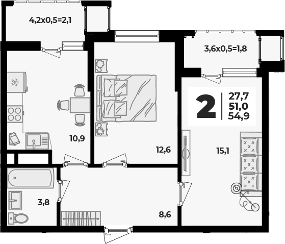 2-комн., 51 м², 5/8 этаж, ЖК «Родной дом 5»