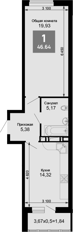 1-комн., 44.8 м², 15/15 этаж, ЖК «Лучший»
