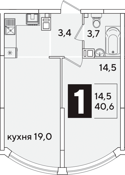 2-комн., 40.6 м², 4/16 этаж, ЖК «Самолет»