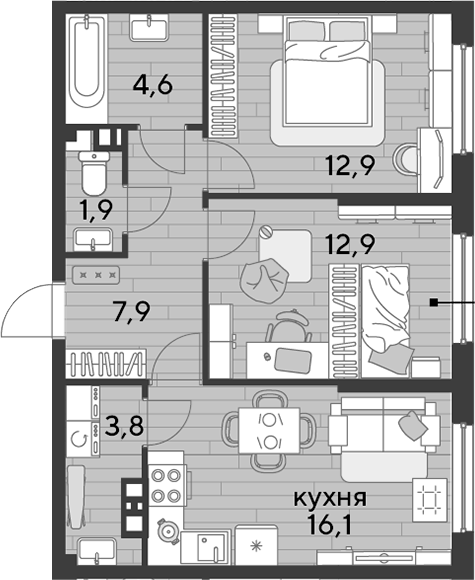 2-комн., 60.1 м², 3/16 этаж, ЖК «DОГМА ПАРК»