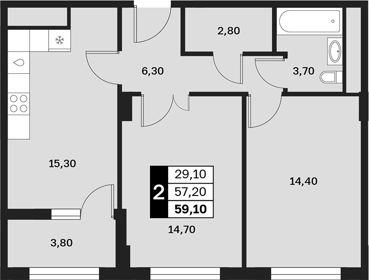 2-комн., 57.2 м², 4/14 этаж, ЖК «Аксис Патриот»