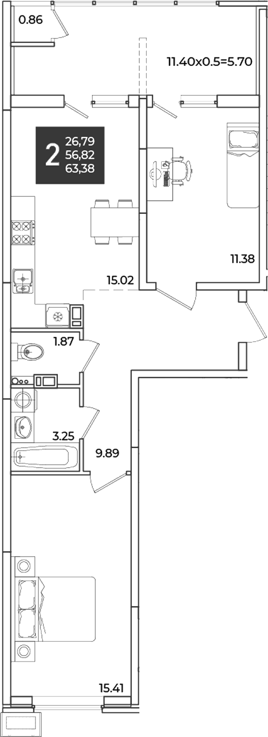 2-комн., 56.82 м², 8/18 этаж, ЖК «Образцово»