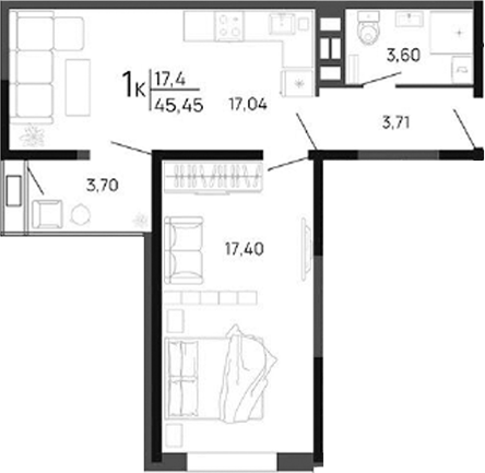1-комн., 41.75 м², 2/16 этаж, ЖК «Парковый»