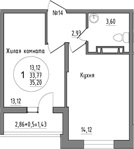 1-комн., 33.77 м², 2/16 этаж, ЖК «Друг»