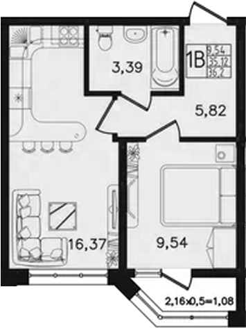 2-комн., 35.12 м², 4/14 этаж, ЖК «Яблоневый»