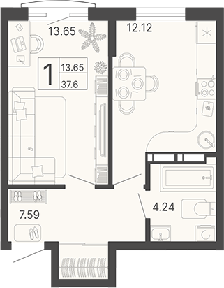 1-комн., 37.6 м², 3/13 этаж, ЖК «Светский лес»