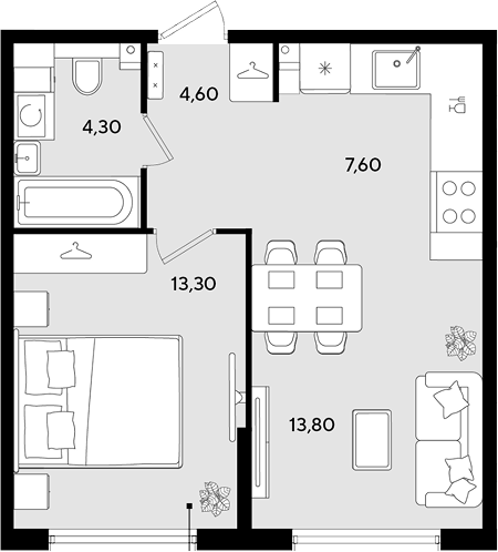 2-комн., 43.6 м², 2/9 этаж, ЖК «Порто-Ново»